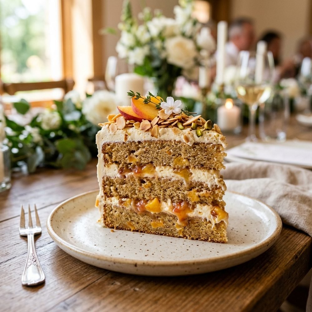 Almond & Stone Fruit wedding cake slice