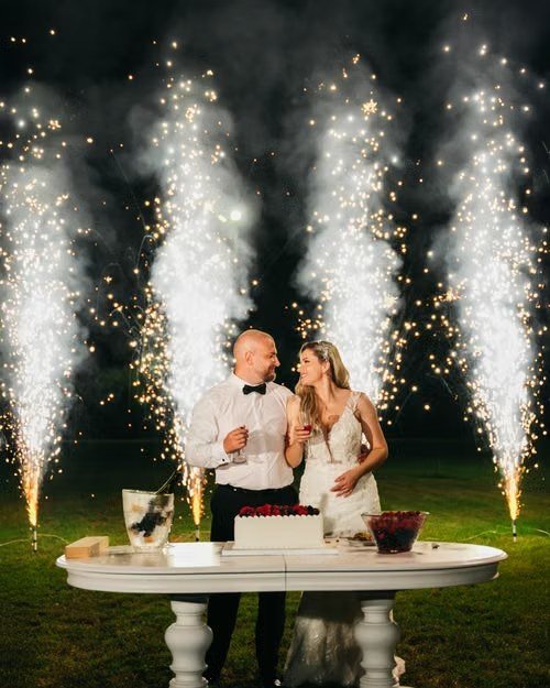 Couple cutting their wedding cake